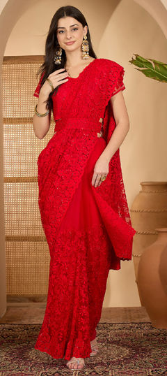 Red and Maroon color Saree in Net fabric with Embroidered, Thread work