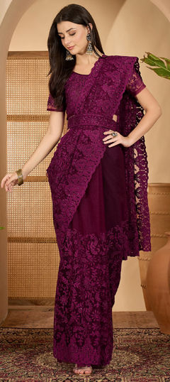 Purple and Violet color Saree in Net fabric with Embroidered, Thread work