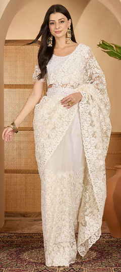 White and Off White color Saree in Net fabric with Embroidered, Thread work