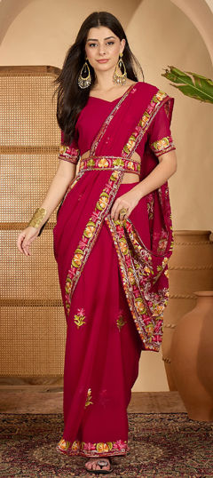 Pink and Majenta color Saree in Georgette fabric with Embroidered, Resham, Thread work