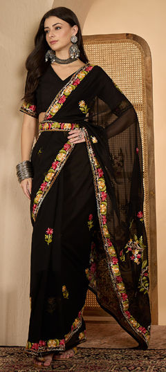 Black and Grey color Saree in Georgette fabric with Embroidered, Resham, Thread work