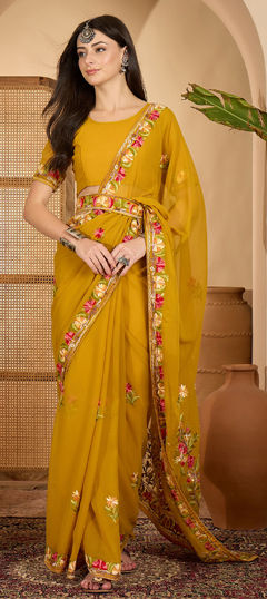 Yellow color Saree in Georgette fabric with Embroidered, Resham, Thread work