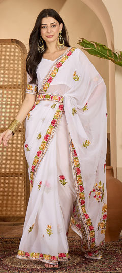 White and Off White color Saree in Georgette fabric with Embroidered, Resham, Thread work