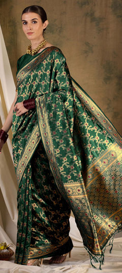 Green color Saree in Banarasi Silk fabric with Weaving work