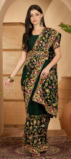 Green color Saree in Georgette fabric with Embroidered, Resham, Thread work