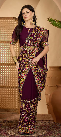 Purple and Violet color Saree in Georgette fabric with Embroidered, Resham, Thread work
