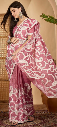 Pink and Majenta color Saree in Crushed Silk fabric with Embroidered, Thread work