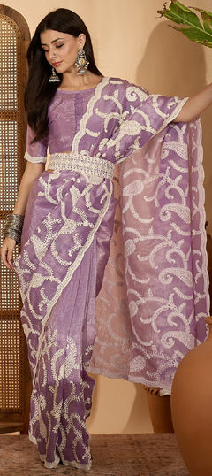 Purple and Violet color Saree in Crushed Silk fabric with Embroidered, Thread work