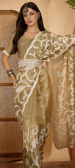 Beige and Brown color Saree in Crushed Silk fabric with Embroidered, Thread work