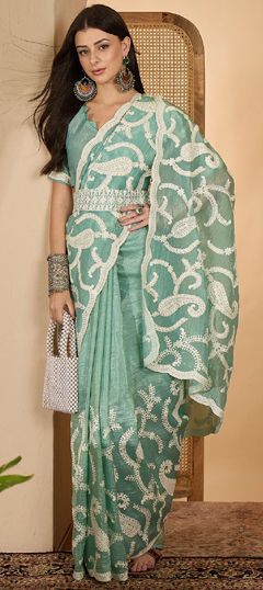 Green color Saree in Crushed Silk fabric with Embroidered, Thread work