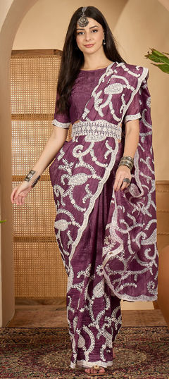 Purple and Violet color Saree in Crushed Silk fabric with Embroidered, Thread work