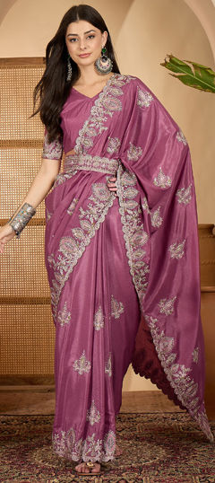 Purple and Violet color Saree in Art Silk fabric with Embroidered, Resham, Thread work