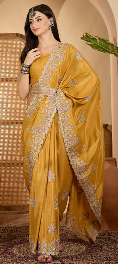 Yellow color Saree in Art Silk fabric with Embroidered, Resham, Thread work