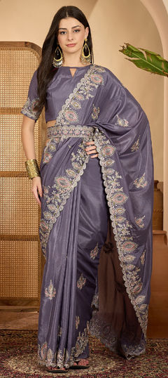 Black and Grey color Saree in Art Silk fabric with Embroidered, Resham, Thread work
