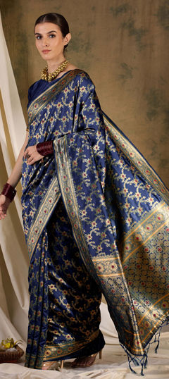 Blue color Saree in Banarasi Silk fabric with Weaving work