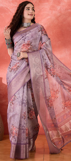 Purple and Violet color Saree in Tussar Silk fabric with Digital Print, Floral, Weaving work