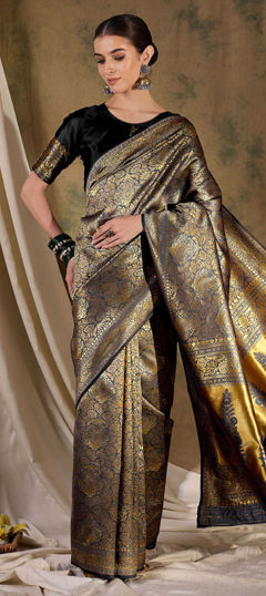 Black and Grey color Saree in Banarasi Silk fabric with Weaving work