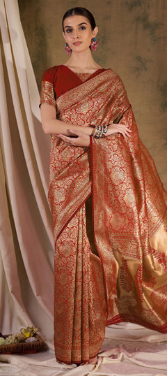 Red and Maroon color Saree in Banarasi Silk fabric with Weaving work