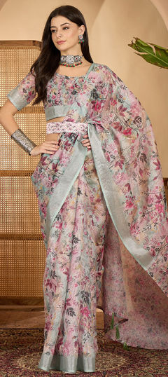 Green color Saree in Linen fabric with Digital Print, Floral, Weaving, Zari work