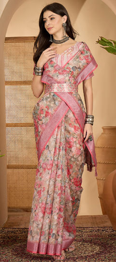 Multicolor color Saree in Linen fabric with Digital Print, Floral, Weaving, Zari work