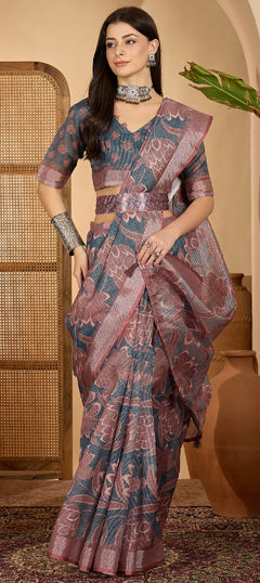 Black and Grey color Saree in Linen fabric with Digital Print, Floral, Weaving, Zari work