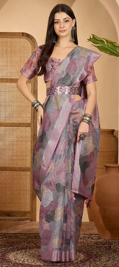 Multicolor color Saree in Linen fabric with Digital Print, Floral, Weaving, Zari work