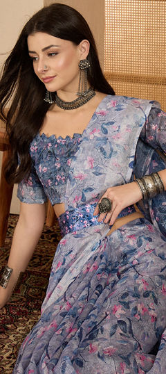 Purple and Violet color Saree in Linen fabric with Digital Print, Floral, Weaving, Zari work