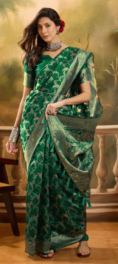 Green color Saree in Banarasi Silk, Jacquard fabric with Weaving work