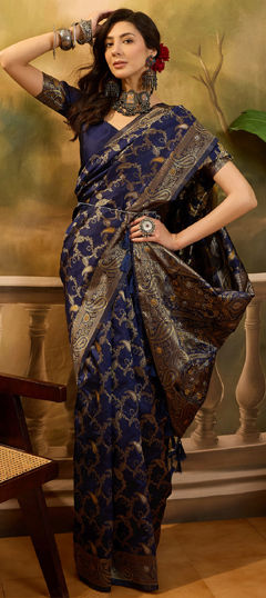 Blue color Saree in Banarasi Silk, Jacquard fabric with Weaving work