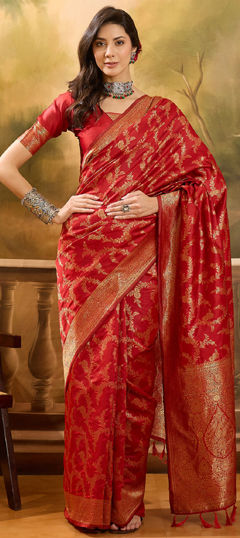 Red and Maroon color Saree in Banarasi Silk, Jacquard fabric with Weaving work