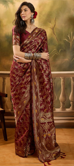 Red and Maroon color Saree in Banarasi Silk, Jacquard fabric with Weaving work