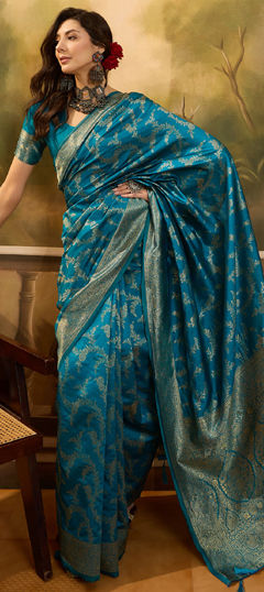Blue color Saree in Banarasi Silk, Jacquard fabric with Weaving work