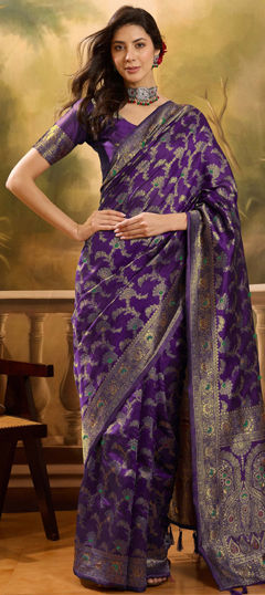 Purple and Violet color Saree in Banarasi Silk fabric with Weaving work