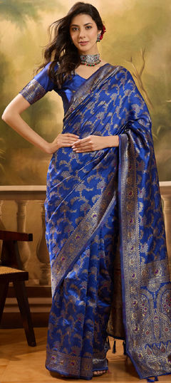 Blue color Saree in Banarasi Silk fabric with Weaving work