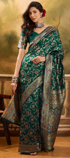 Black and Grey color Saree in Banarasi Silk, Jacquard fabric with Weaving work