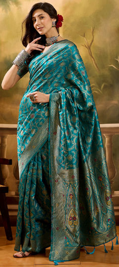 Blue color Saree in Banarasi Silk, Jacquard fabric with Weaving work