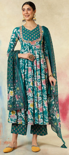 Blue color Salwar Kameez in Cotton fabric with Printed work