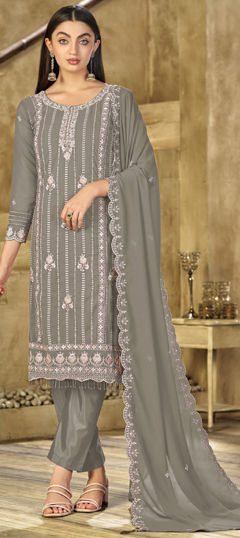 Black and Grey color Salwar Kameez in Faux Georgette fabric with Embroidered, Thread work