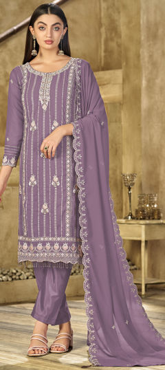 Purple and Violet color Salwar Kameez in Faux Georgette fabric with Embroidered, Thread work
