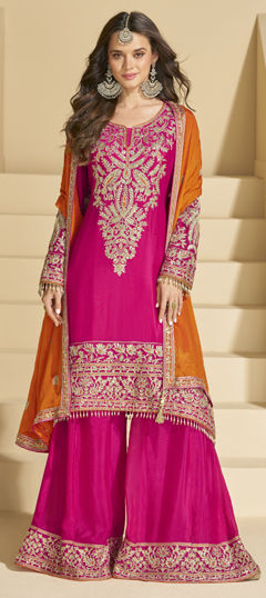 Pink and Majenta color Salwar Kameez in Chinon Silk fabric with Embroidered, Mirror work