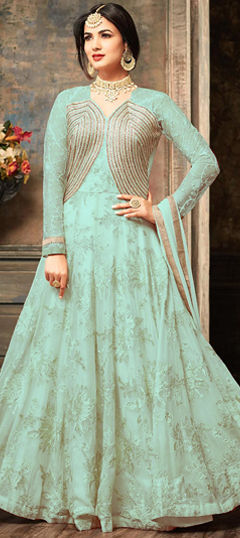 Green color Salwar Kameez in Georgette, Net fabric with Embroidered, Stone, Zari work