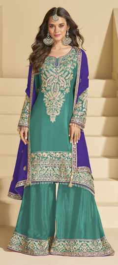 Green color Salwar Kameez in Chinon Silk fabric with Embroidered, Mirror work