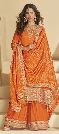 Orange color Salwar Kameez in Chinon Silk fabric with Embroidered, Mirror work