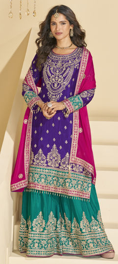 Purple and Violet color Salwar Kameez in Chinon Silk fabric with Embroidered, Mirror work