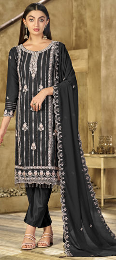 Black and Grey color Salwar Kameez in Faux Georgette fabric with Embroidered, Thread work