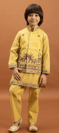 Yellow color Boys Kurta Pyjama with Jacket in Viscose fabric with Embroidered, Sequence, Thread work