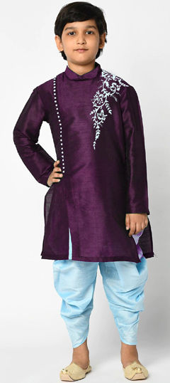 Purple and Violet color Boys Dhoti Kurta in Dupion Silk fabric with Embroidered work
