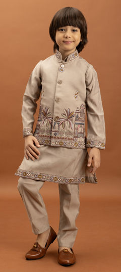 Beige and Brown color Boys Kurta Pyjama with Jacket in Viscose fabric with Embroidered, Sequence, Thread work