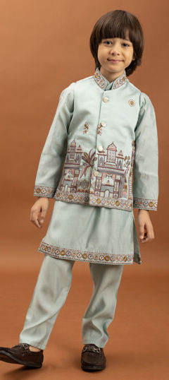 Blue color Boys Kurta Pyjama with Jacket in Viscose fabric with Embroidered, Sequence, Thread work