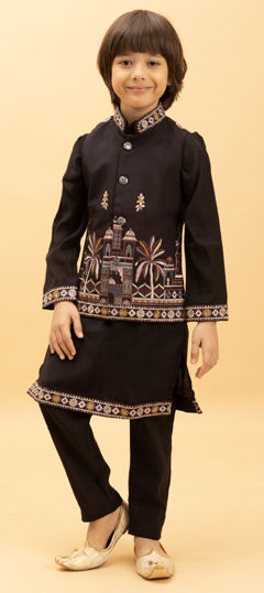 Black and Grey color Boys Kurta Pyjama with Jacket in Viscose fabric with Embroidered, Sequence, Thread work